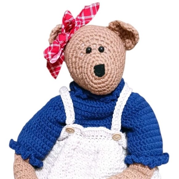 Vintage BIG Hand Crocheted Stuffed Teddy Bear Americana Girl Draft Blocker 32" H - Picture 3 of 7